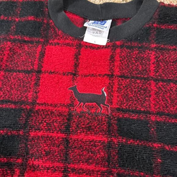 90s Art Unlimited Red and Black Plaid Soft Fleece Sweatshirt Deer USA Made Sz.L - Picture 3 of 8